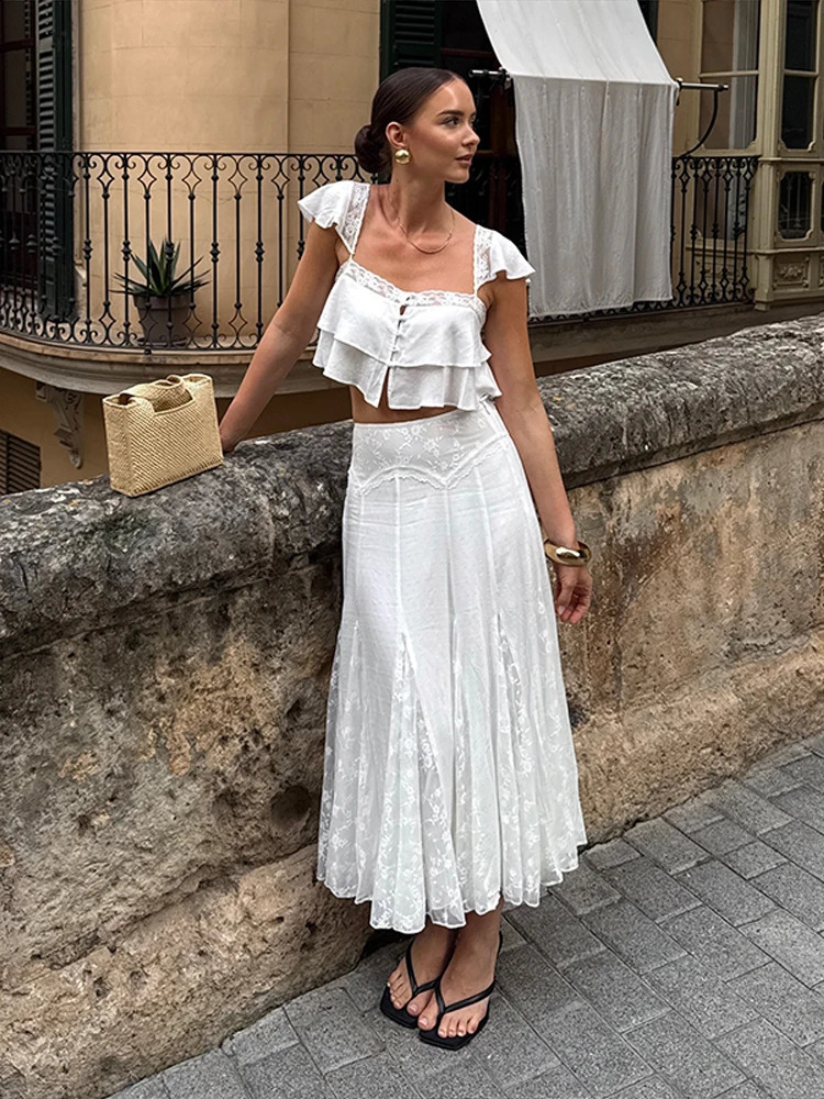 2026 Summer Fashion Square Neck Ruffled Crop Top Pleated Midi Skirt 2Piece Set Elegant Boho Resort Vacation Casual Outfits 260625 - view 5