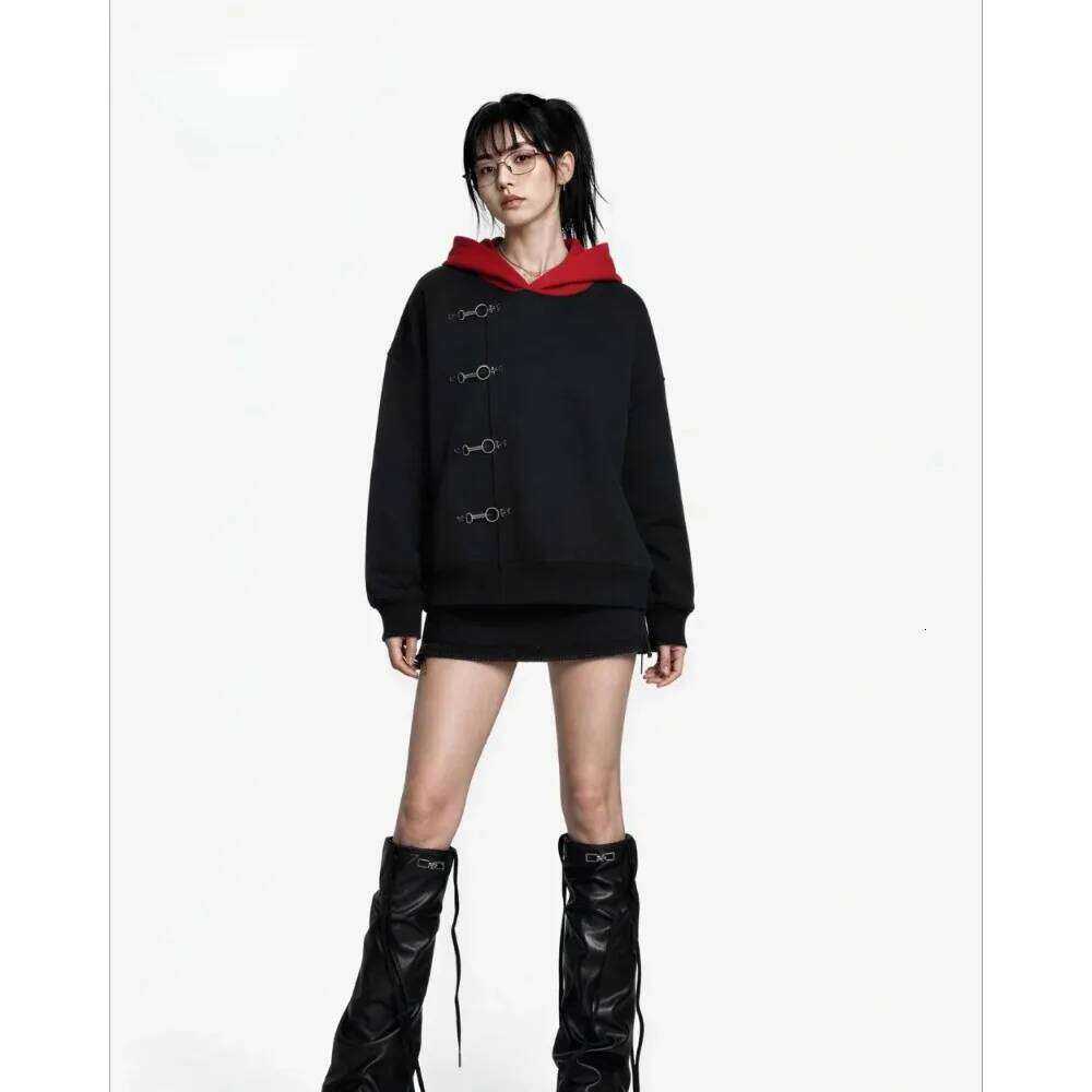 Y2K retro hoodie oversized black and red stitching metal buttons casual sweatshirt fashion hip-hop streetwear simple jacket W260626 - view 6