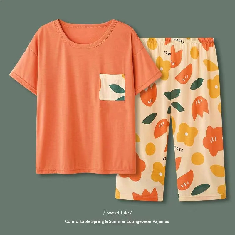 Womens Summer Pajamas ShortSleeve 34Length Pants Pullover Round Neck Printed SpringFall Style Plus Size Pajama Set 260625
