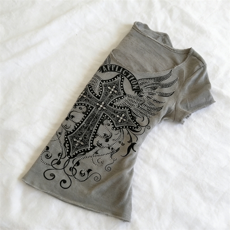 Grey Gothic Tee Women Wing Detail Raw Edge Neck Hem Y2K Aesthetic Streetwear 260625 - view 3