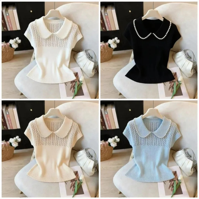 Fashion Summer Doll Collar Knitted Sweater Women Pullovers Short Sleeve Beading Knit Pullover Tops Knitwears Q4031 260626 - view 3
