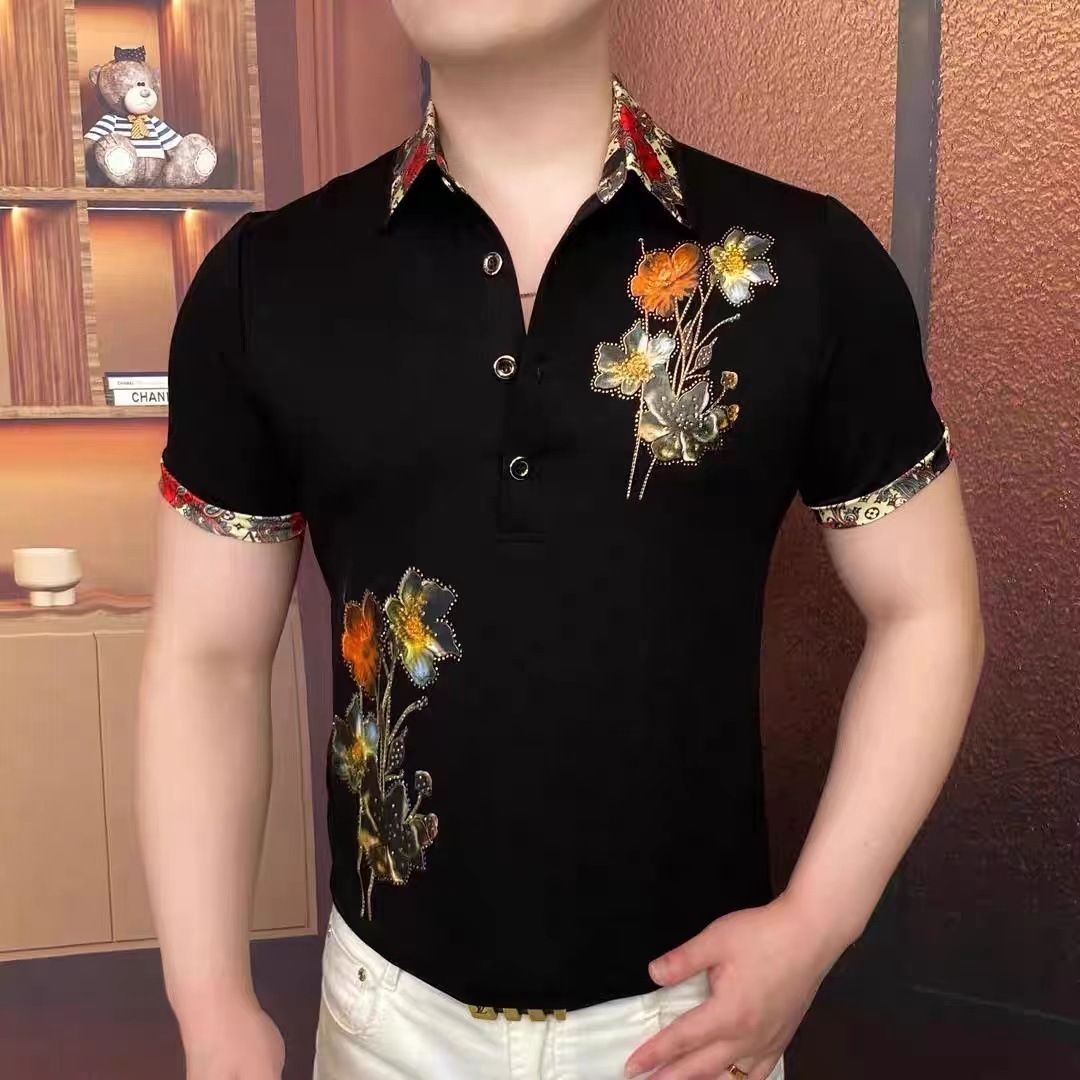 2026 Summer Black Short-Sleeve Polo Shirt For Men, Colorful Printed T-Shirt, Trendy Slim Fit, Personalized Casual Top - view 5