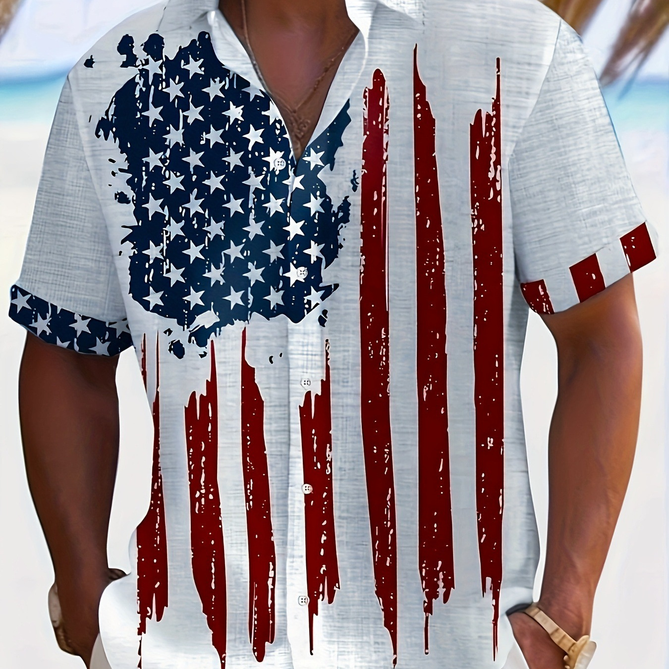Distressed Stars And Stripes Casual Shirt,Geometric Print Mens Cream Cotton Casual Shirt Lightweight Party Outfit - view 6