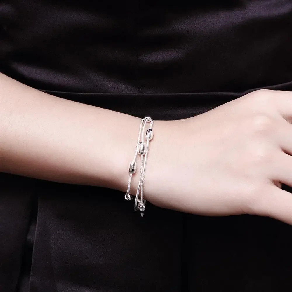 Charm 925 Sterling Silver Bracelets necklace Jewelry set for women Fringed oval beads Chain 18 inch Fashion Party Christmas Gift 260626 - view 5