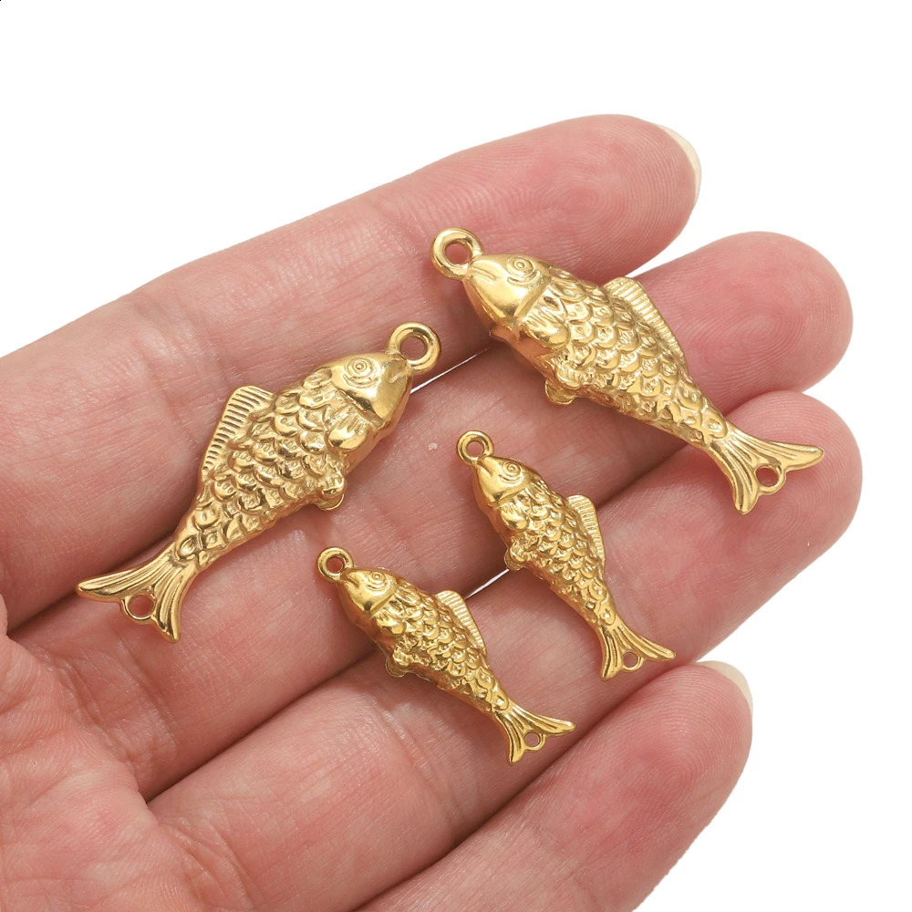 5pcs Stainless Steel Double Hole Fish Connection For Bracelets Necklace Gold Charms DIY 3D Fish Pendants Jewelry Connector Parts 260623 - view 6