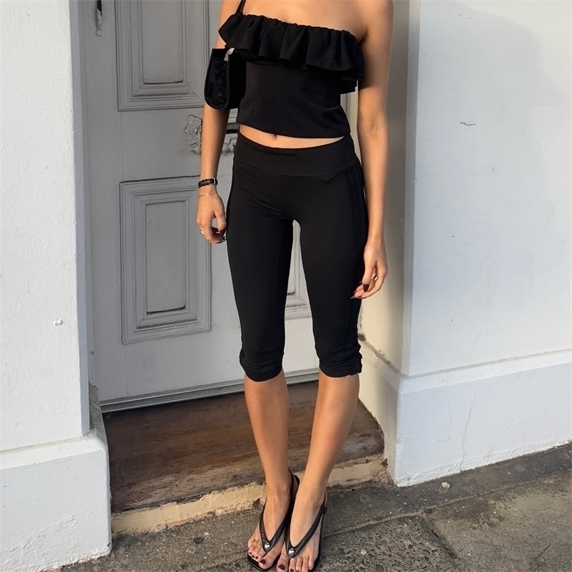 Women Solid Fold Over Waistband Leggings Low Rise Split Hem 3/4 Length Skinny Pants Casual Yoga Pants 260625 - view 6