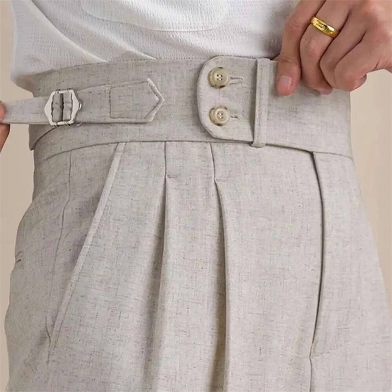 Naples Double Fold High Waist Linen Suit Pants For Men Summer Breathable Straight Leg Office Trousers Pantalon Costume Homme y260618