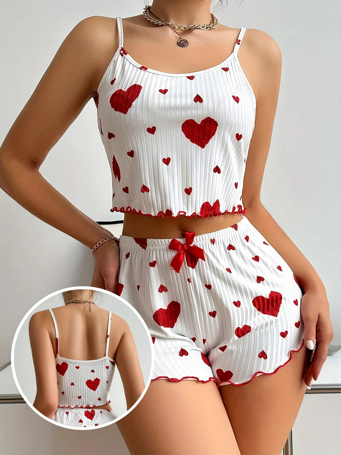 Women 2 Pieces Pajamas Set Homewear Heart Print Underwear Pijamas Sexy Lingerie Camisoles Shorts Sets Nighty Sleepwear 260625 - view 5