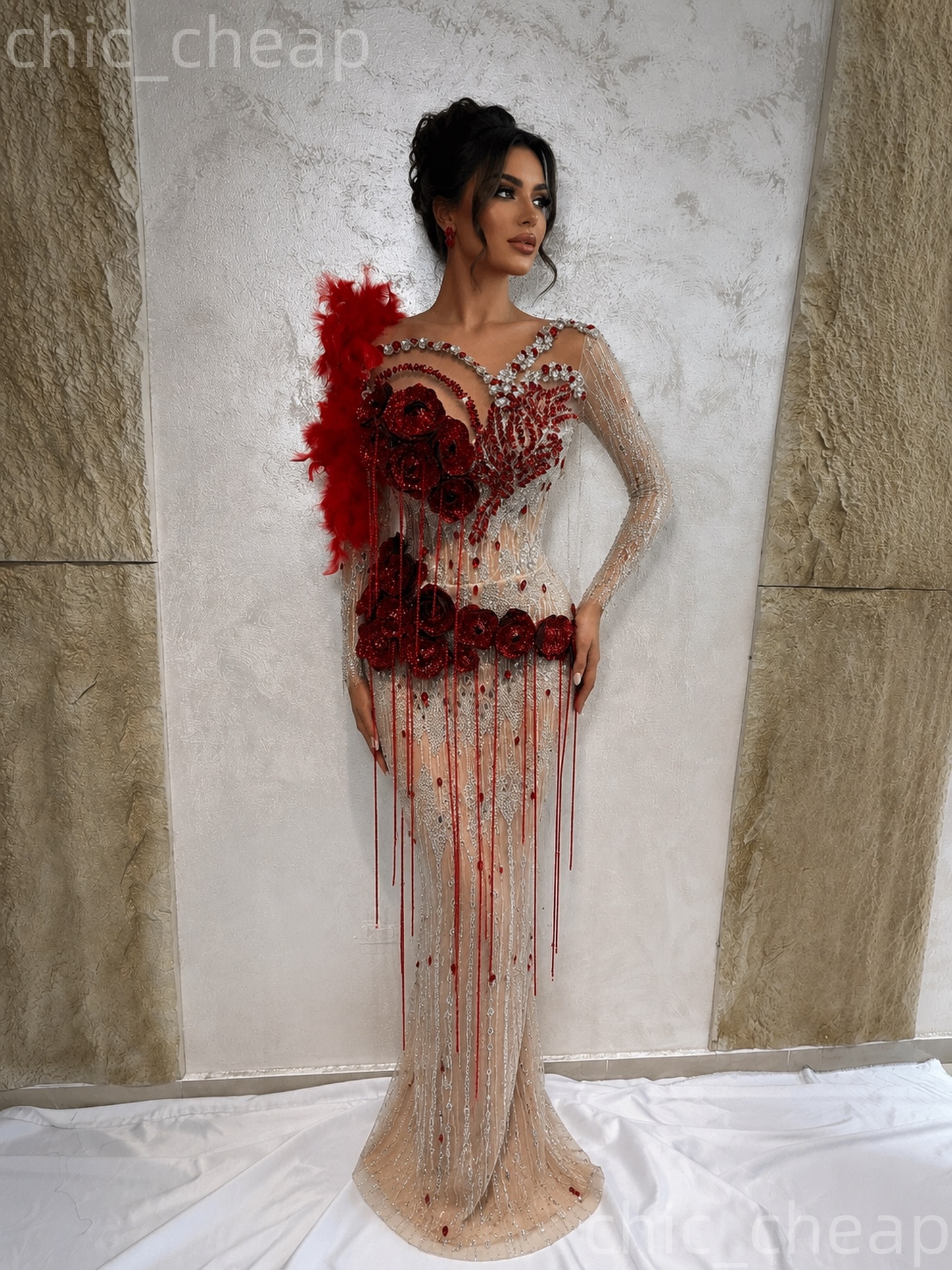 Aso Ebi Burgundy Mermaid Prom Dress 2026 Evening Dress Flowers Feather Beaded Crystals Birthday Formal Women Pageant Party Gowns Long Dinner Dresses Z - view 3
