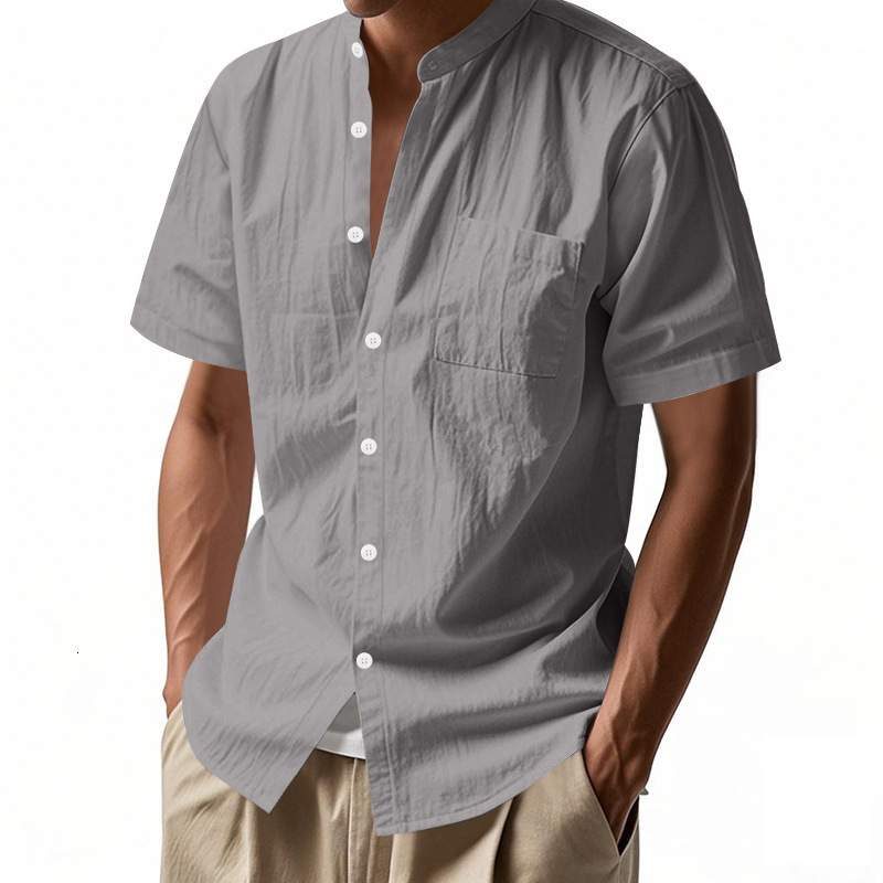 Mens Summer Loose Linen T-Shirt Solid Color American Style Henley Collar Beach Short Sleeve Shirt - view 6
