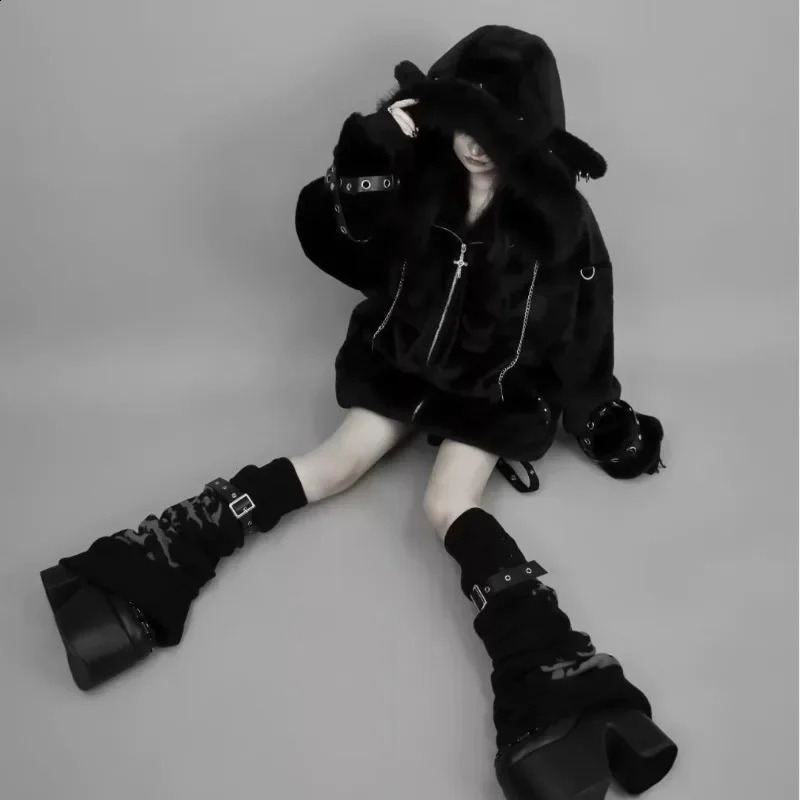 Harajuku Gothic Punk Dark Academia Clothes Fur Patchwork Hoodie Sweatshirts Autumn Winter Cardigan Coat Women 260626 - view 4