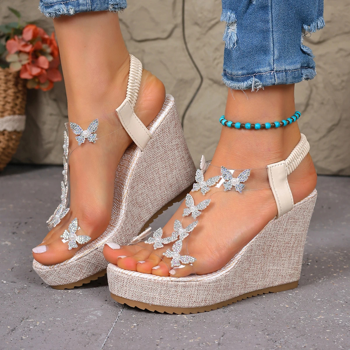 Fashion Comfortable Womens Sandals Rhinestone Butterfly Open Toe Wedge Heel Summer Beach Casual Party Shoes for Ladies 260626 - view 3