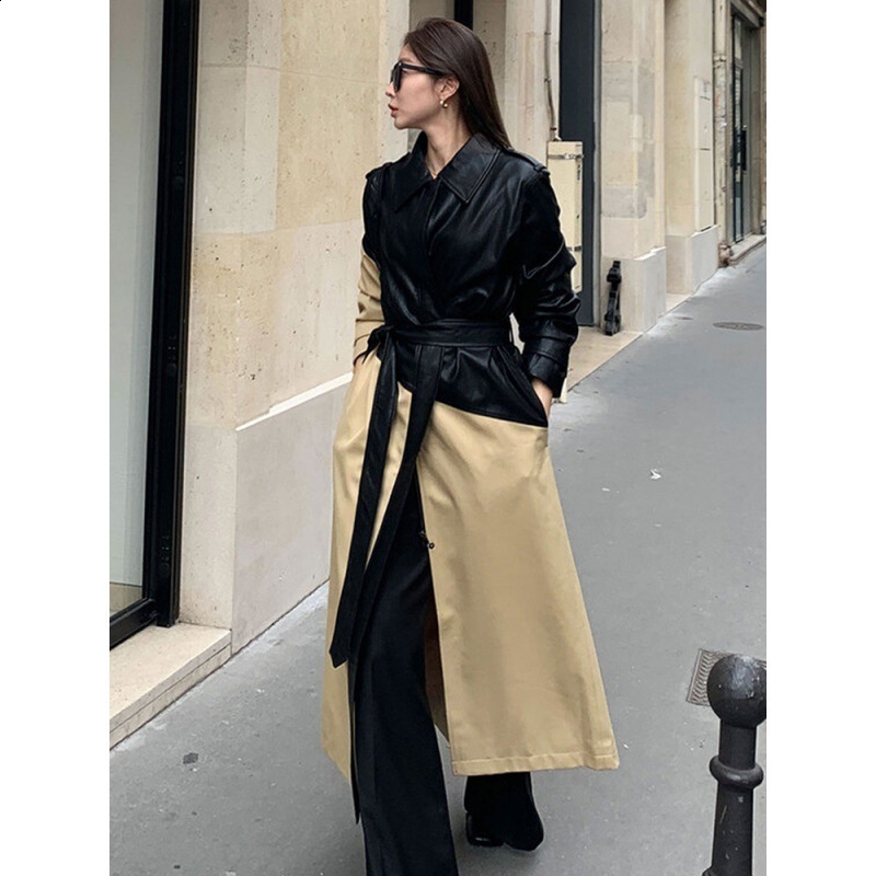 Fashion comparison Womens long jacket pu leather with a lapel and a thick collar autumn jacket with belt 241119