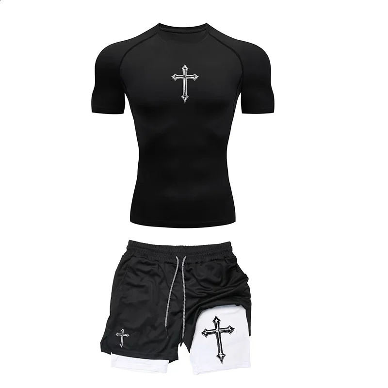 Fashionable printed breathable compression sportswear mens training twopiece set tight Tshirt shorts gym workout 260615 - view 3