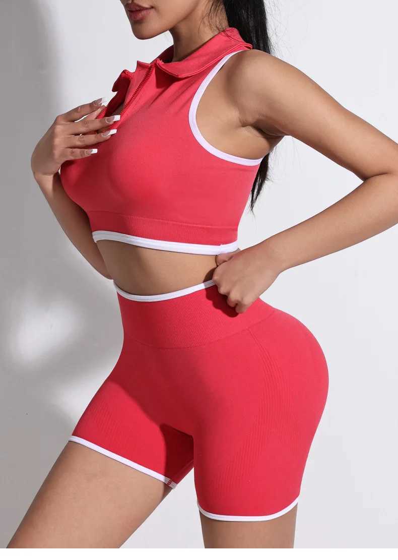and Vest Stand-up Collar Short Pants Color-blocking and Zipper Sporty FitnESS Running Yoga Set For Women M260626 - view 6