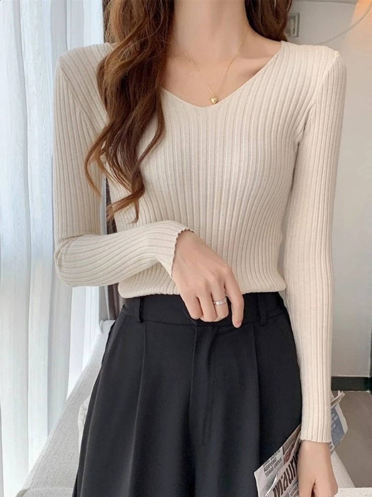 2026 Korean Autumn Winter V Neck Sweater Fashion Casual Long Sleeve Knitted Sweaters Solid Color Slim Pullovers Women Clothes 260626 - view 6