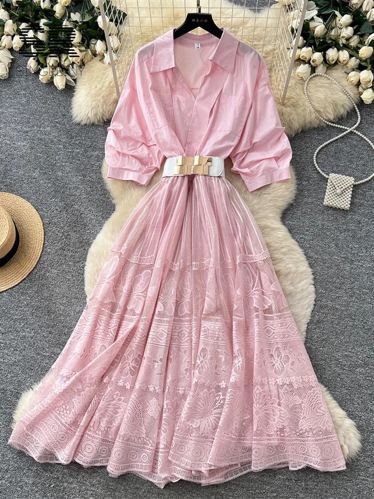 SINGREINY Women Vintage Lace Dress est 2026 Slim French Hollow Out Sashes Patchwork Senior Office Lady Aline Maxi Shirtdress 260625 - view 4