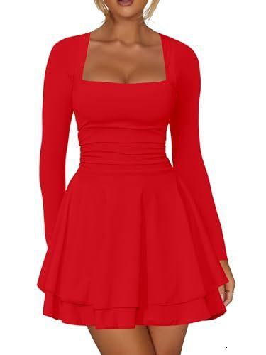 2026 Womens Fashionable Square Neck Long Sleeve Slim Dress Short Skirt Beach Vacation Dress - view 7
