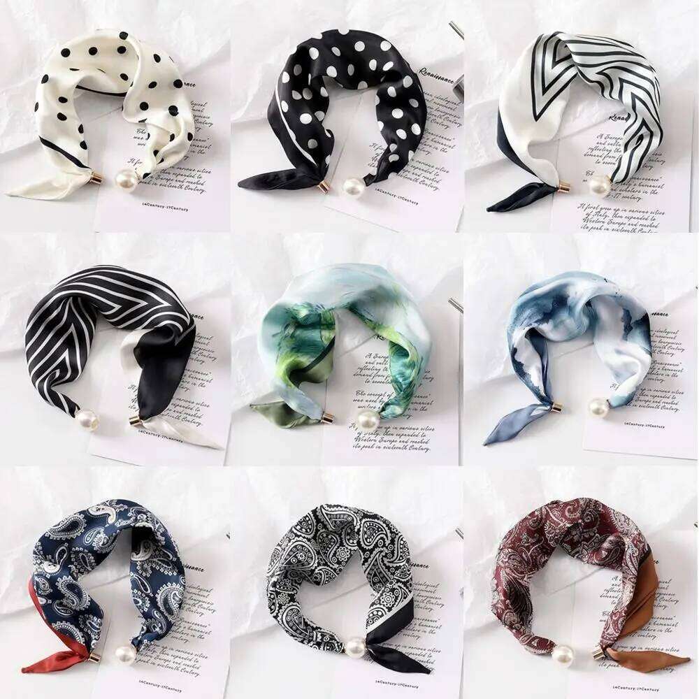 New Pearl Buckle Silk Thin Printed Neck Scarf Lightweight Soft Neckerchief Women 26Y06226