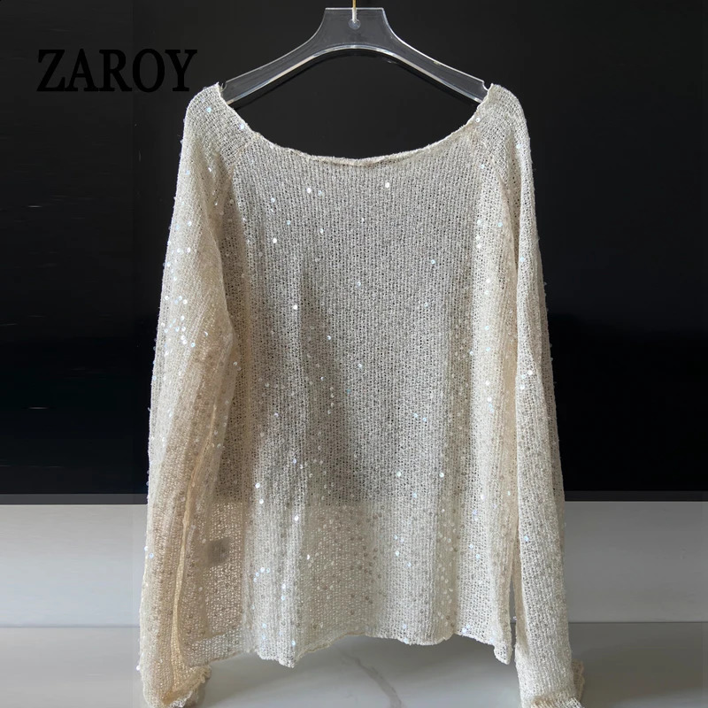ZAROY Women Sequins Knit Hollow Out Pullovers Casual Loose Long Sleeve O Neck Shinny Crochet Cover-up Blouses Shinny Party Shirt 260626 - view 6