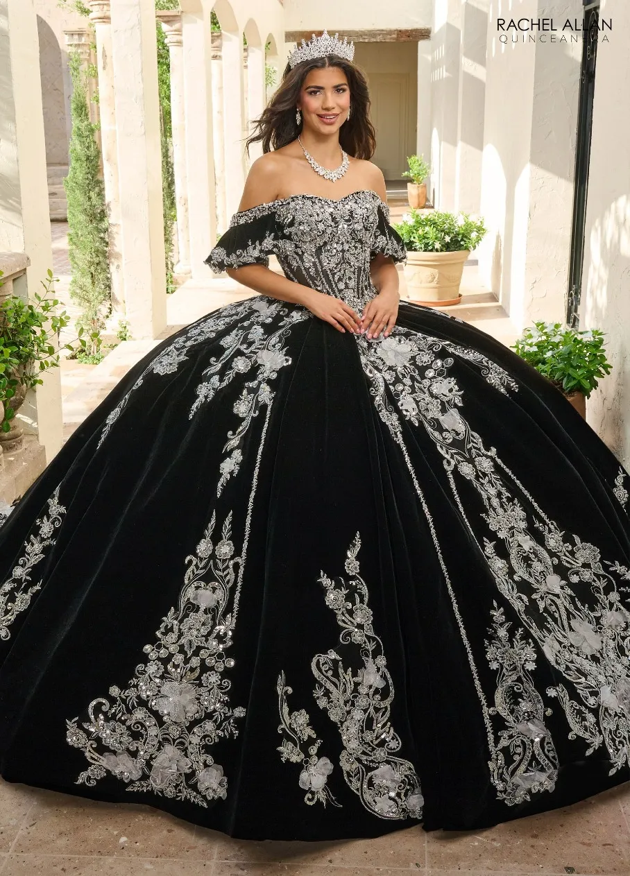 Black velvet off-shoulder heavily beaded long tulle ball gown Quinceanera - view 4