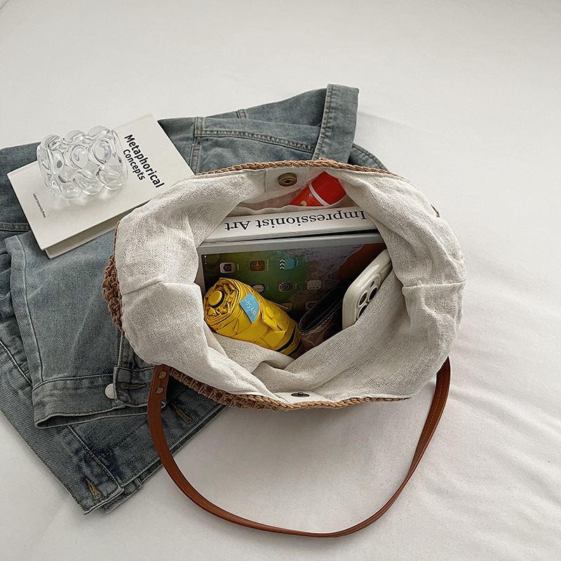 Vintage Handmade Straw Woven Tote Bag For Women, Artistic Cotton Thread Casual Beach Vacation Shoulder Handbag - view 5