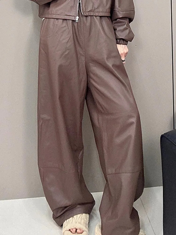Autumn Women Casual Trousers Streetwear Sheepskin Genuine Leather Pants High Elastic Waist Fashion Female Wide Leg 260625 - view 4
