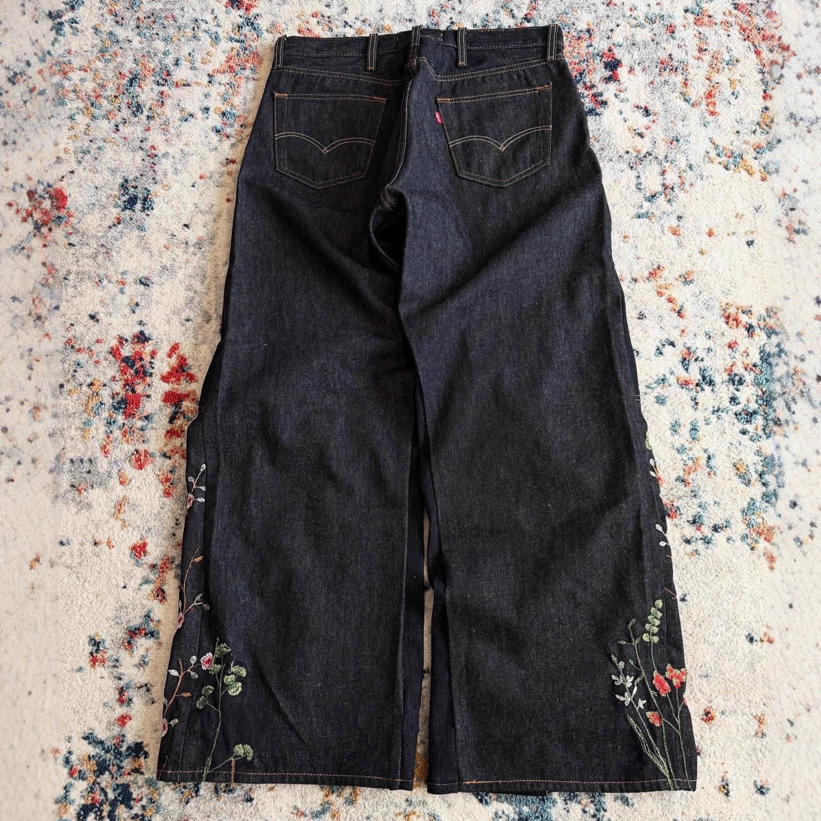 European and American style Y2k loose wide leg patch design, long floral embroidered jeans, men's and women's floor standing fashionable pan - view 3