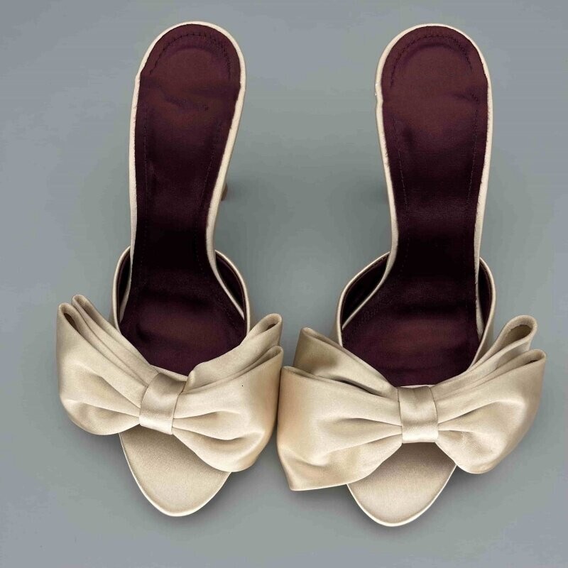 2026 Foreign Plus Size Shoes Bow Slippers Half Slippers High Heeled Sandals For Summer Outdoor Wear