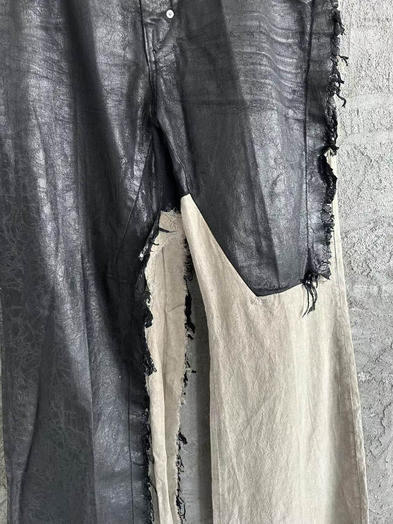 New R waxed surface color-block wide-leg pants pure cotton denim splicing casual pants O color-fast multiple washes personalized pants - view 5