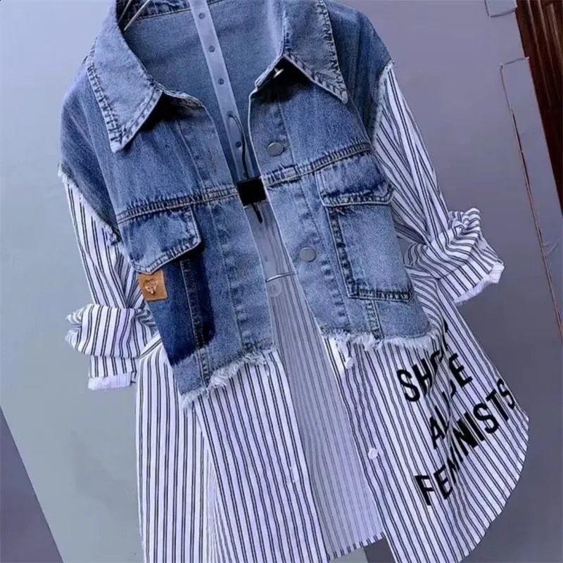 Women Denim Blouse Jacket Spring Autumn Korean Splicing Ladies Cowboy Shirt Tops Casual Stripe Female Windbreaker 260626 - view 4