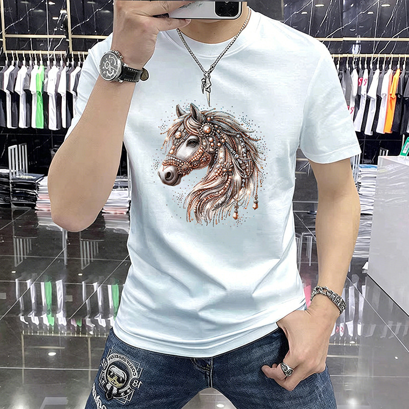 Summer New Fashion With Rhinestone Embellishments, Stylish And Versatile, Skin-Friendly, Breathable, Round Neck, Short Sleeve, Trendy Men's T-Shi - view 3