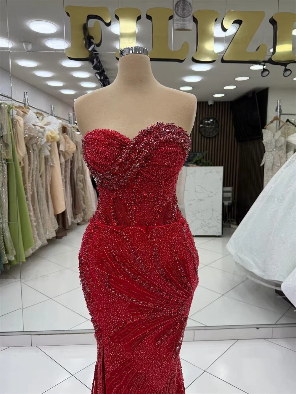 Classic Mermaid Evening Dresses For Women Sweetheart Neck Sleeveless Gown Sequins Beaded Sweep Train Dress Party Customized vestidos de novia - view 4