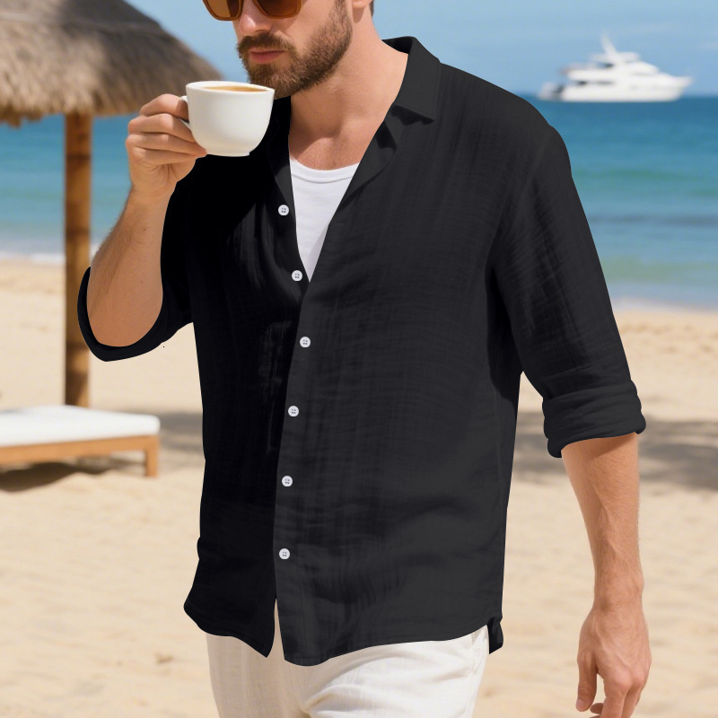 Spring and Autumn Linen Mens Long-Sleeve Shirt American Style Loose Button Hawaiian Casual Turn-Down Collar Shirt - view 9