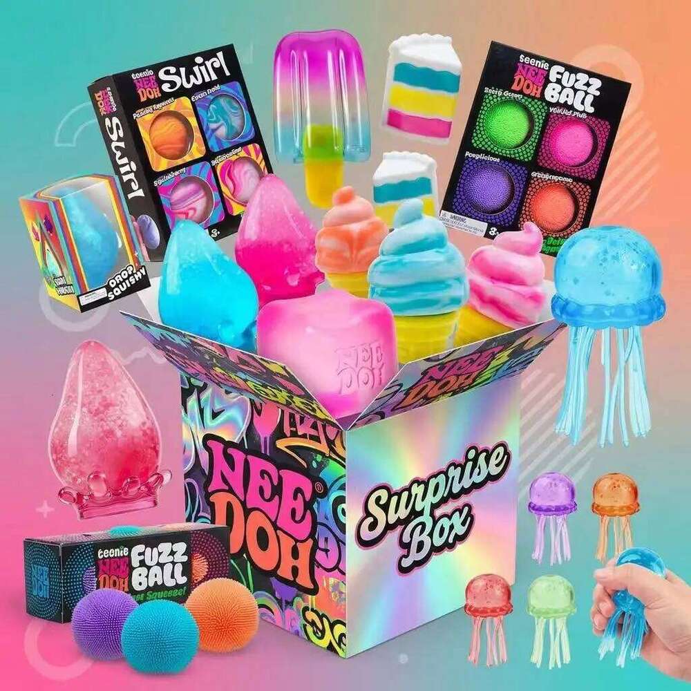 2026 New NeeDoh-Style Mystery Blind Box, Food & Jellyfish Squishies + Swirl Fuzz Stress Balls, Sensory Fidget Party Favor J260626
