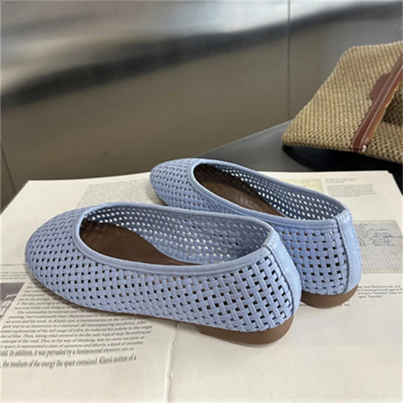 Aneikeh Light Blue Woven Mesh Ballet Flats Women Round Toe Breathable Slip On Casual Loafers Summer Flat Shoes 260626 - view 7