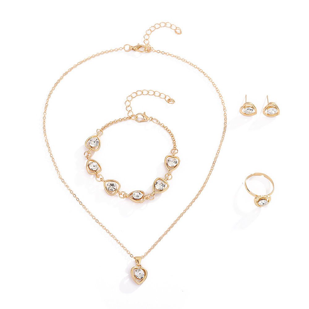 18K Gold Plated Hollow Heart Zircon 4Pcs Jewelry Set Women Necklace Stud Earrings Bracelet Open Ring - view 6