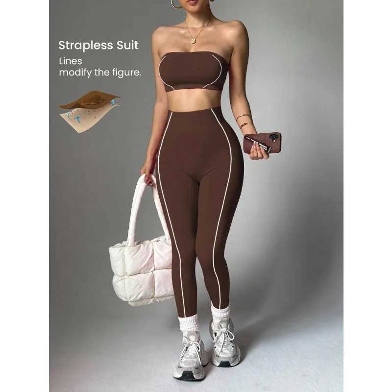 Strapless Bandeau Sports Bra Women Seamless High Waist Yoga Leggings Set Padded Workout Fitness Gym 2 Piece Outfits M260626 - view 5