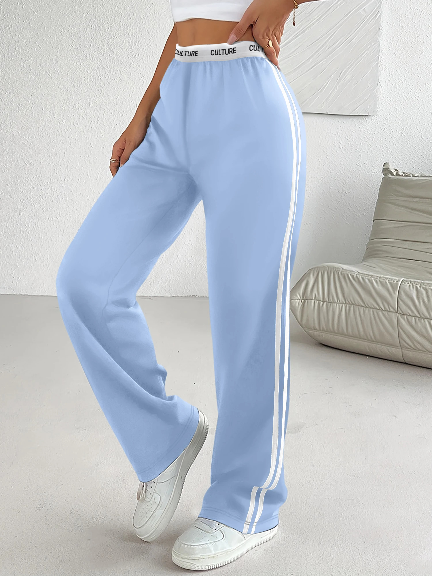 2026 Trendy Parachute Pants Women Oversized Loose Fit Trousers with Contrast Waistband Double Striped Casual Streetwear 260625 - view 4