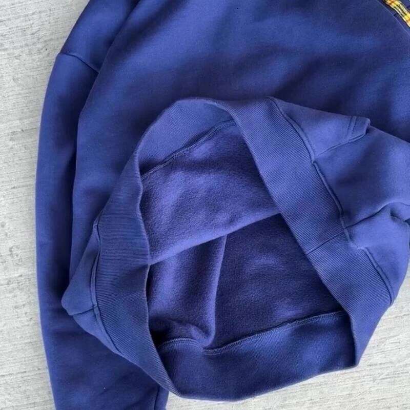 Y2K Retro Stripe Hoodie Double Hood Blue Yellow Contrast Plaid Side Tape Sweatshirt Hip Hop Streetwear Unisex Boxy Clothes W260626 - view 4