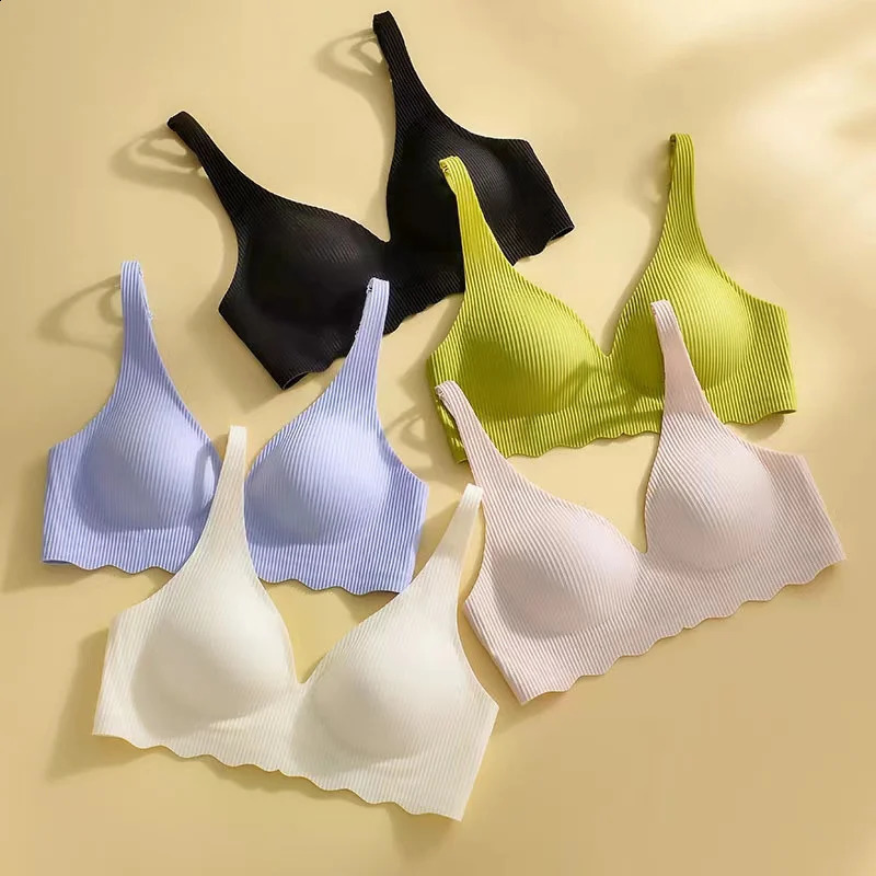 Seamless Womens Bra Small Chest Big Hollow n Underwear Support Nonremovable Semifixed Cup One Piece Striped Thin 260626