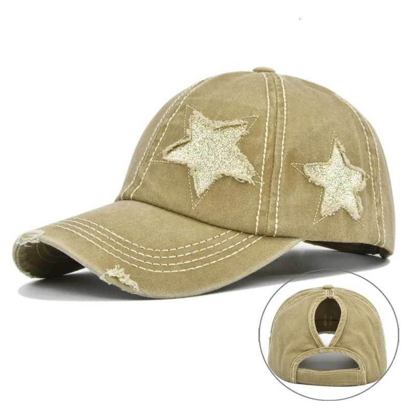 Washed Women Ponytail Baseball Cotton Sun Hat Female Pentagram Sequins Hip Hop SnapHats Adjustable Sport Hat Gorra M260626 - view 5