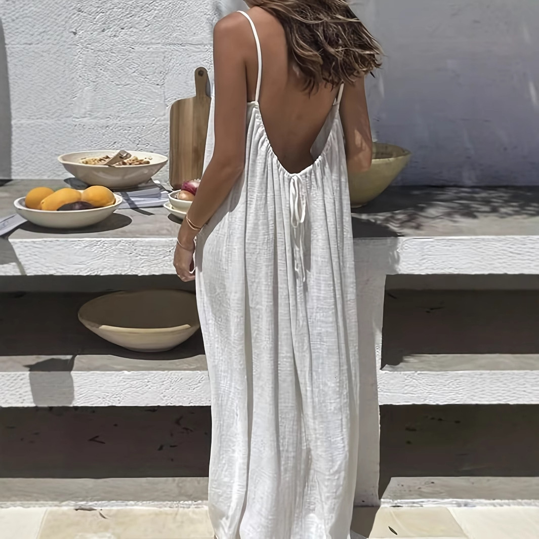 New womens strapless open-back loose-fitting long-length home dress with off-shoulder design - view 7