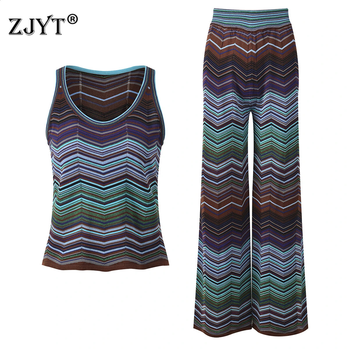 ZJYT Summer 2026 Womens Sleeveless Knitted Tops Pullover Vest Striped Fashion Vintage Casual Beach Holiday Long Pants Knitwears 260626