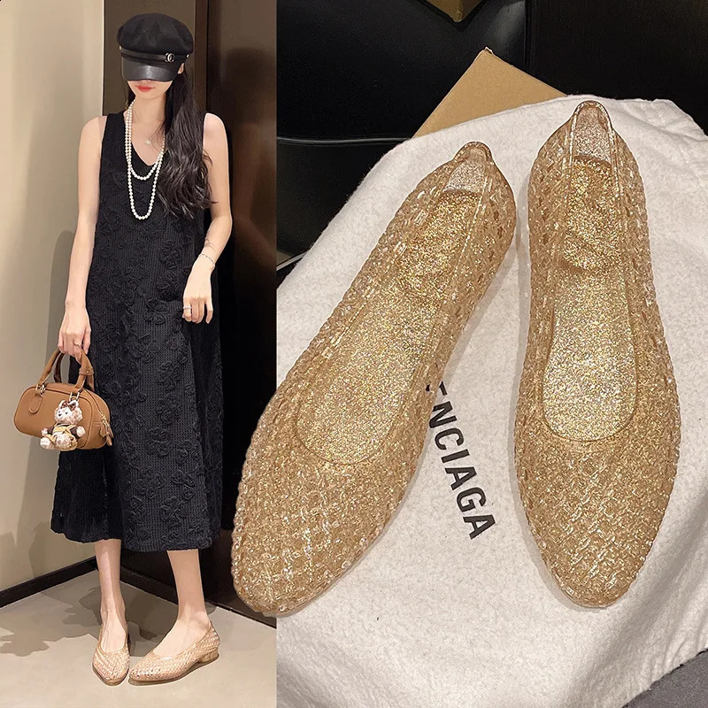 Women Hollow Grid Glitter Jelly Flat Shoes Breathable Slip On Sandals Non Summer Daily Beach Casual Walking Flats 260626 - view 4