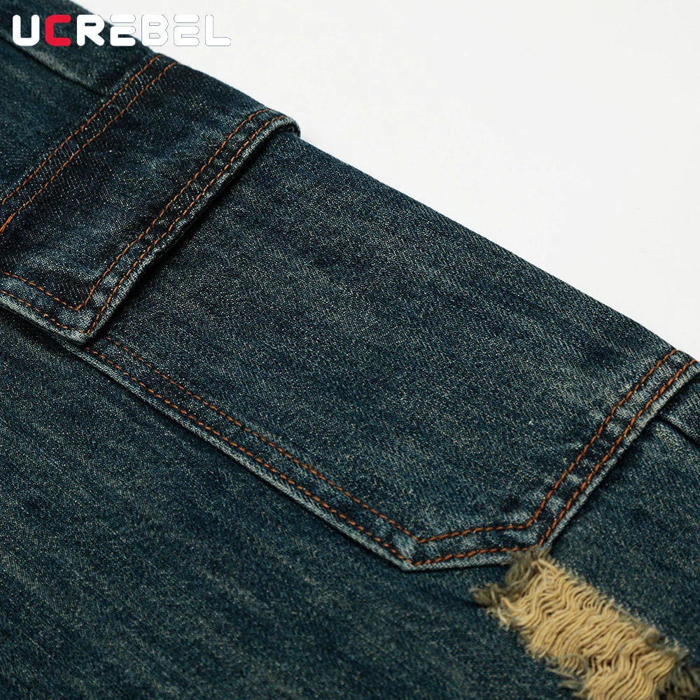 Pocket Spliced Denim Shorts Mens Ripped Washed Distressed Retro High Street Loose Wide Leg Short Pants Men 260625 - view 5