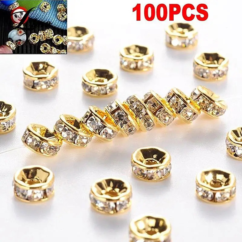 100pcs 6mm 8mm Rondelle Disc 316 Stainless Steel Crystal Spacer Beads With Rhinestone For Jewelry Making DIY Bracelet 260623 - view 4