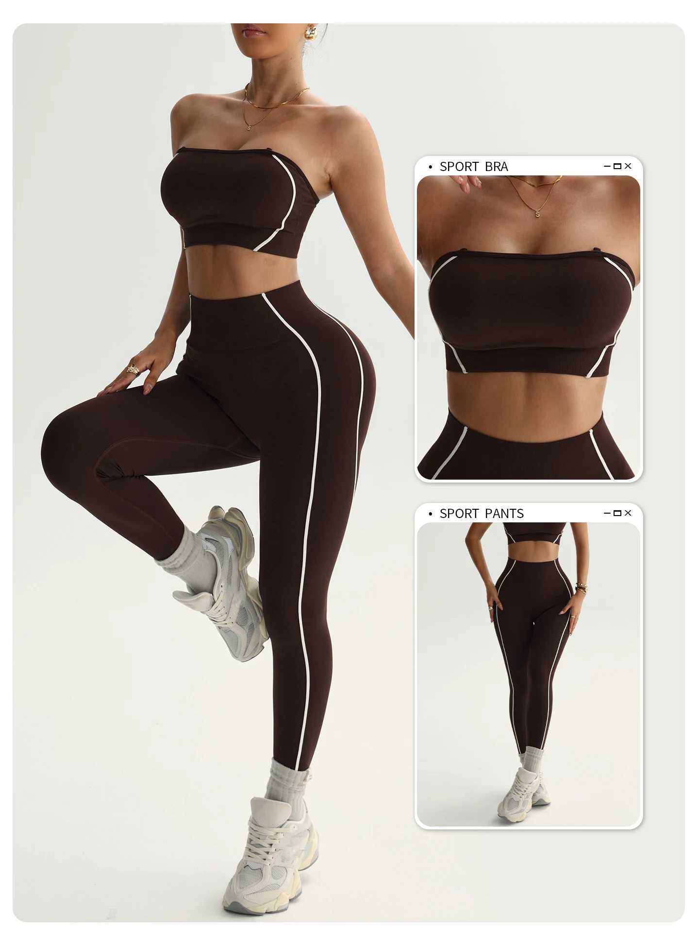 2 Set Women Seamless Yoga Piece Gym Set Contrast Trim Strapless Tube Top High Waist Leggings Workout Suit Fitness Activewear M260626 - view 7