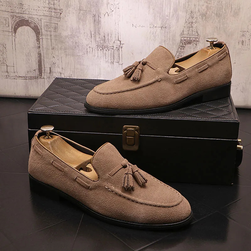 British Fashion Black Brown Tassels Suede Leather Shoes For Men Loafter Wedding Groom Dress Homecoming Business Flats Footwear 260624 - view 3