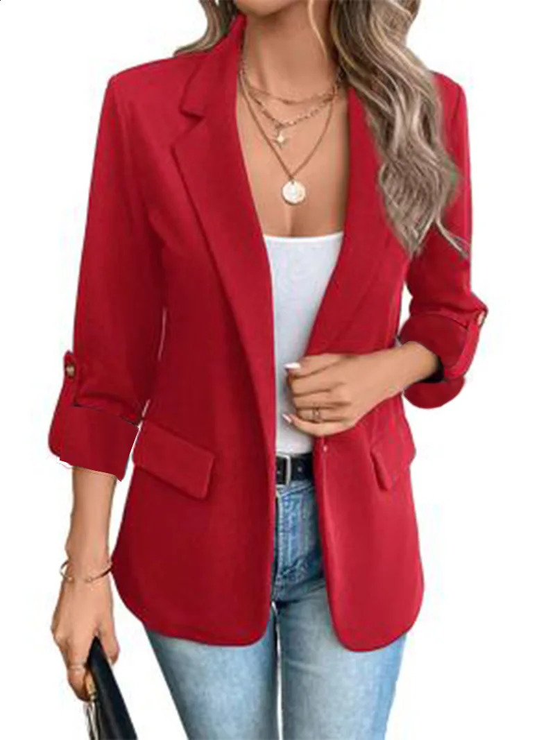 Womens Camel Notched Lapel RolledSleeve Casual Blazer LooseFit Office Daily Outerwear 260625 - view 7